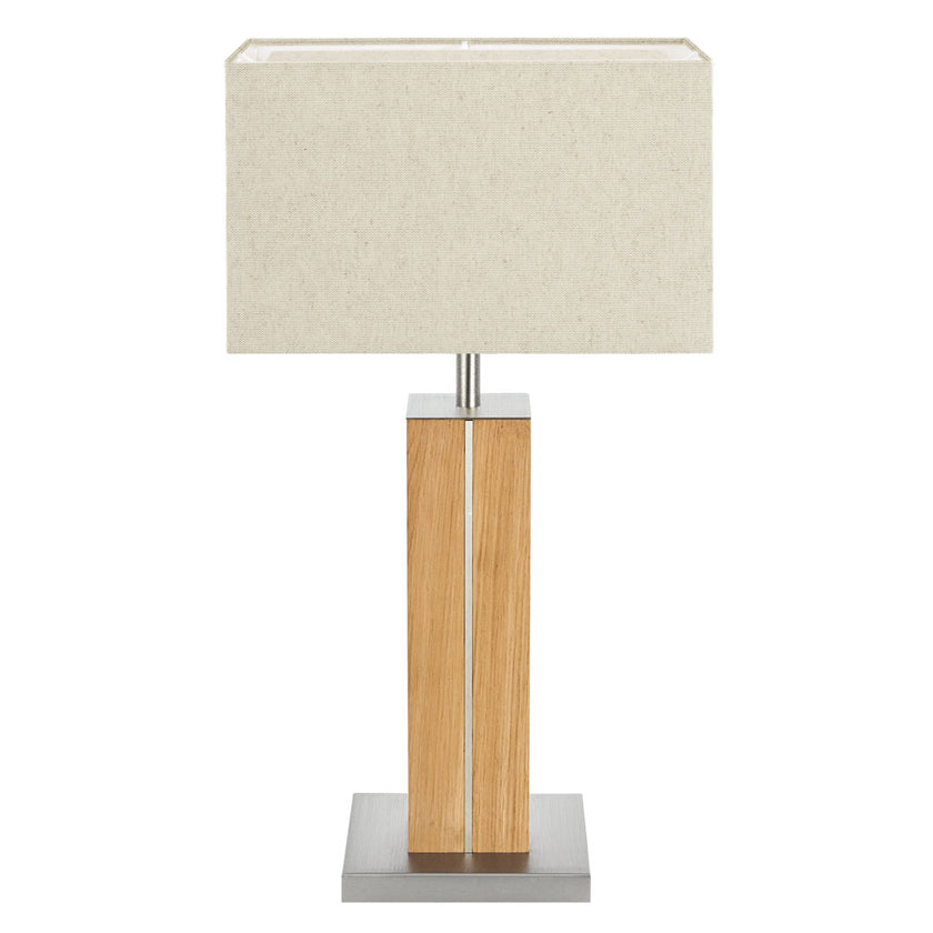 Hockerleuchte aus Asteiche geölt, Modell Dana, Applikationen in Nickel, Lampenschirm eckig in Leinenoptik