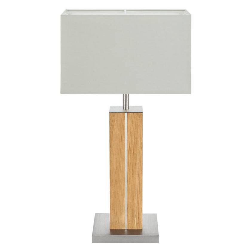 Hockerleuchte aus Asteiche geölt, Modell Dana, Applikationen in Nickel, Lampenschirm eckig silbergrau