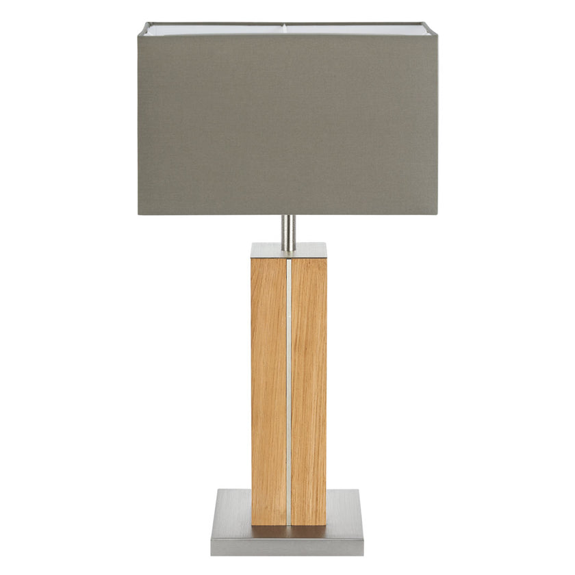 Hockerleuchte aus Asteiche geölt, Modell Dana, Applikationen in Nickel, Lampenschirm eckig taupe