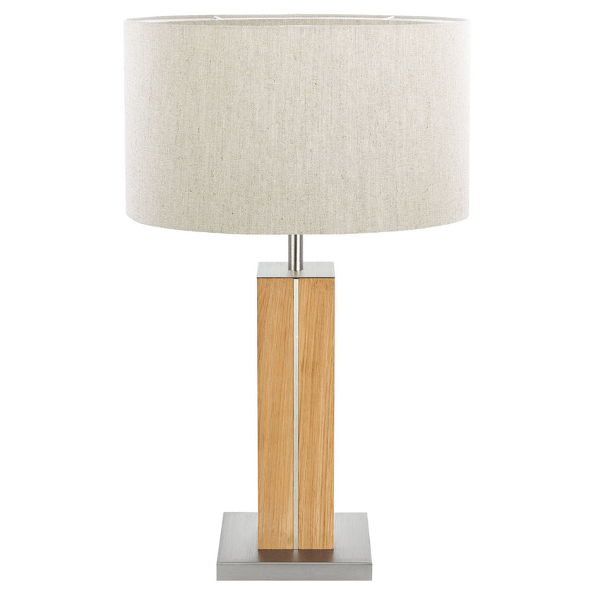 Hockerleuchte aus Asteiche geölt, Modell Dana, Applikationen in Nickel, Lampenschirm in Leinenoptik