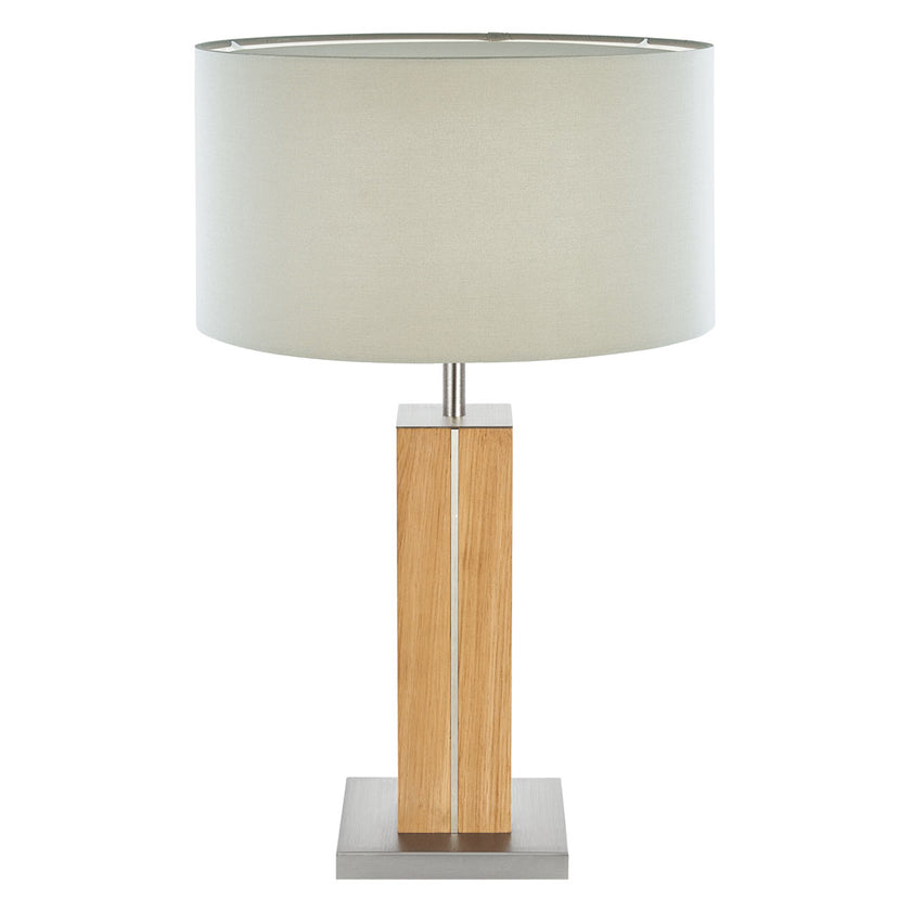 Hockerleuchte aus Asteiche geölt, Modell Dana, Applikationen in Nickel, Lampenschirm silbergrau