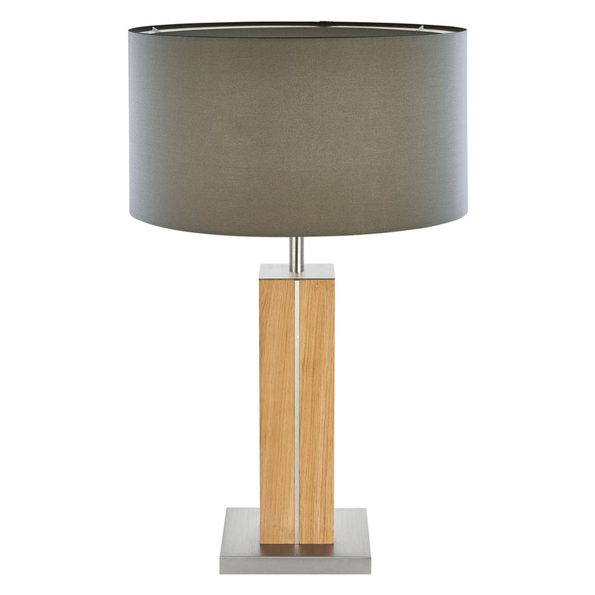 Hockerleuchte aus Asteiche geölt, Modell Dana, Applikationen in Nickel, Lampenschirm taupe