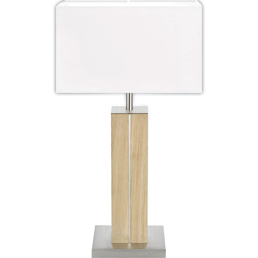 Hockerleuchte aus Asteiche natur, Modell Dana, Applikationen in Nickel, Lampenschirm eckig weiß