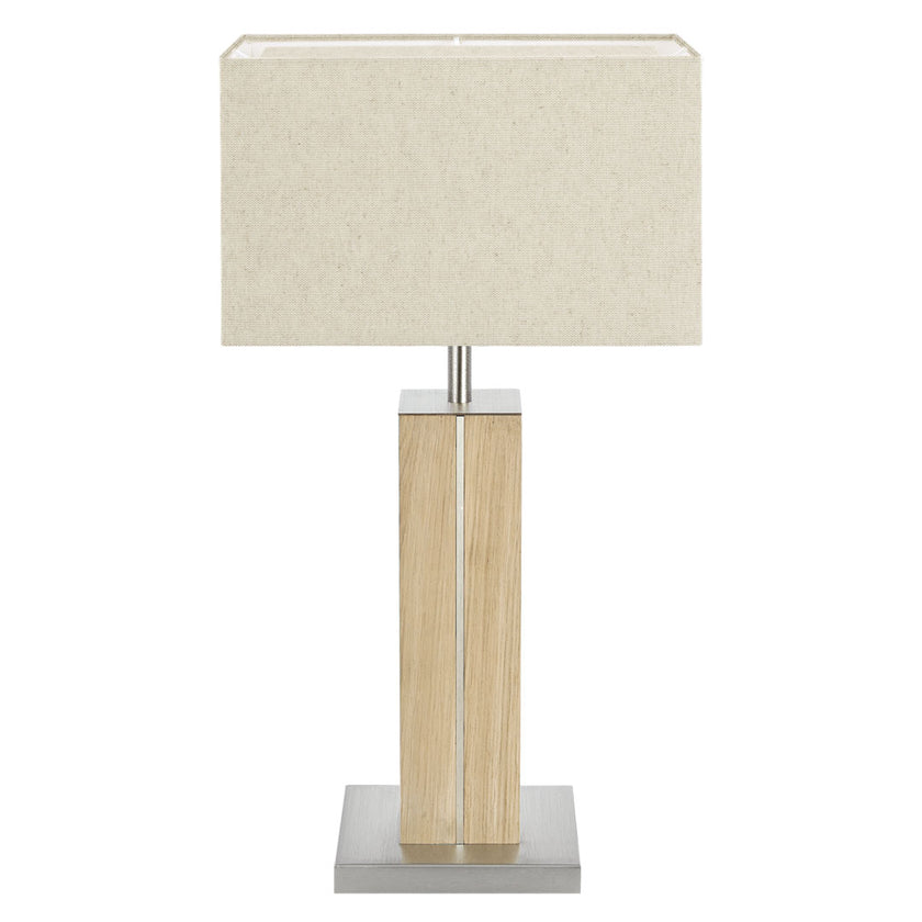 Hockerleuchte aus Asteiche natur, Modell Dana, Applikationen in Nickel, Lampenschirm eckig in Leinenoptik