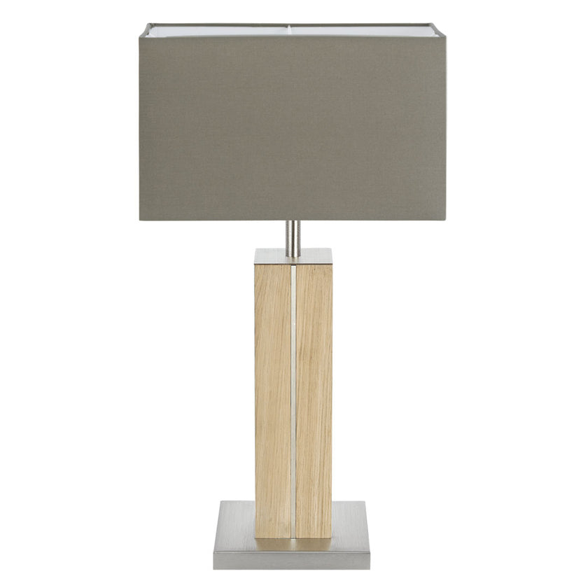 Hockerleuchte aus Asteiche natur, Modell Dana, Applikationen in Nickel, Lampenschirm eckig taupe