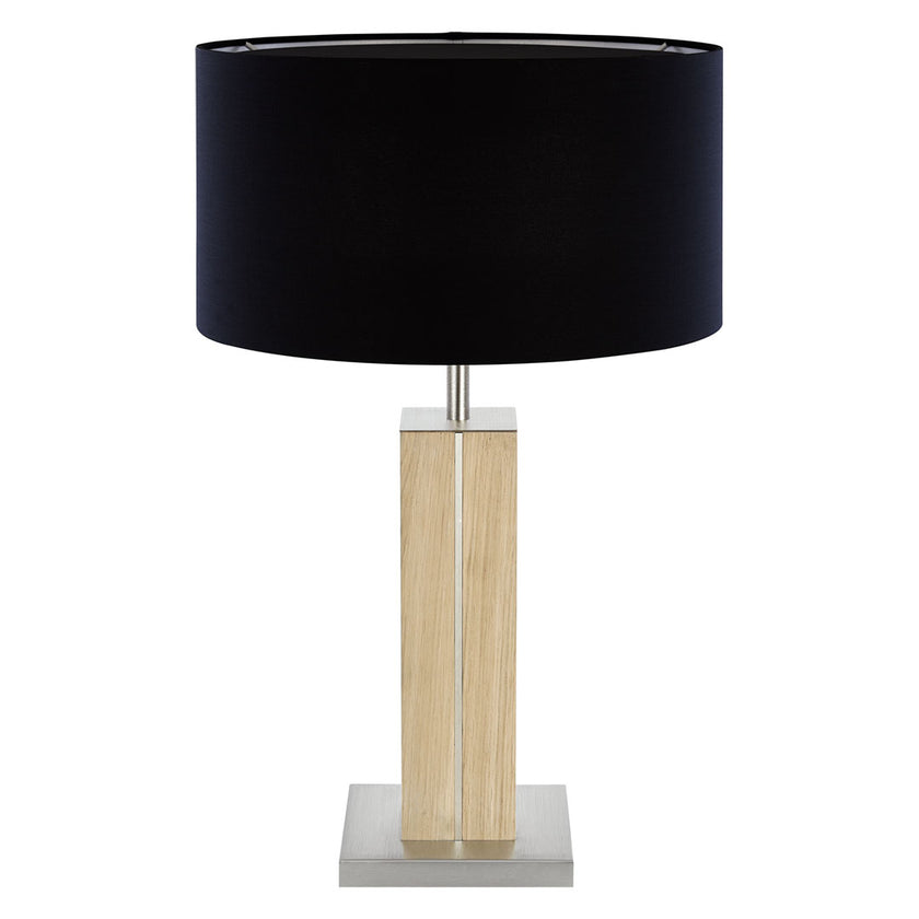 Hockerleuchte aus Asteiche natur, Modell Dana, Applikationen in Nickel, Lampenschirm schwarz