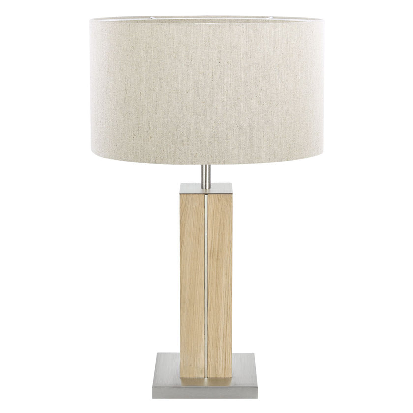 Hockerleuchte aus Asteiche natur, Modell Dana, Applikationen in Nickel, Lampenschirm in Leinenoptik