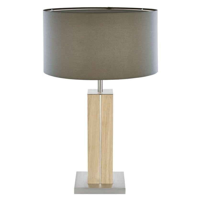 Hockerleuchte aus Asteiche natur, Modell Dana, Applikationen in Nickel, Lampenschirm taupe