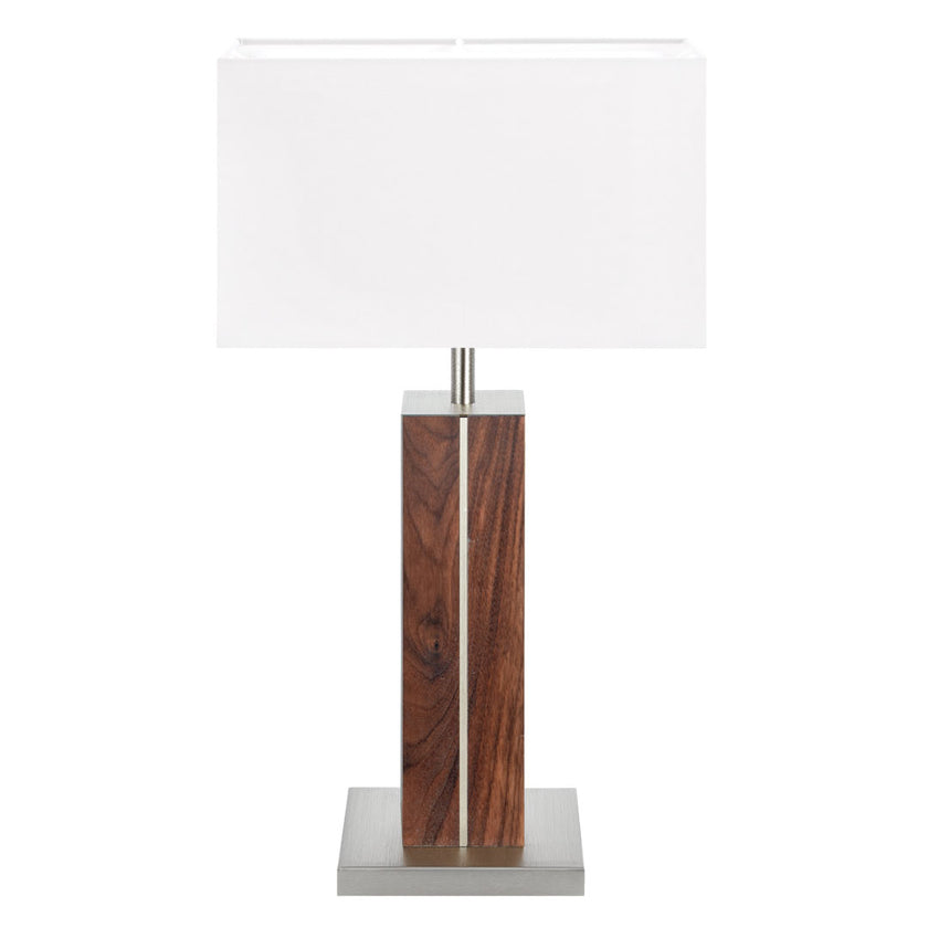 Hockerleuchte aus Nussbaum geölt, Modell Dana, Applikationen in Nickel, Lampenschirm eckig weiß