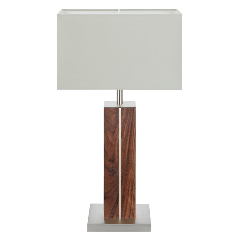 Hockerleuchte aus Nussbaum geölt, Modell Dana, Applikationen in Nickel, Lampenschirm eckig silbergrau