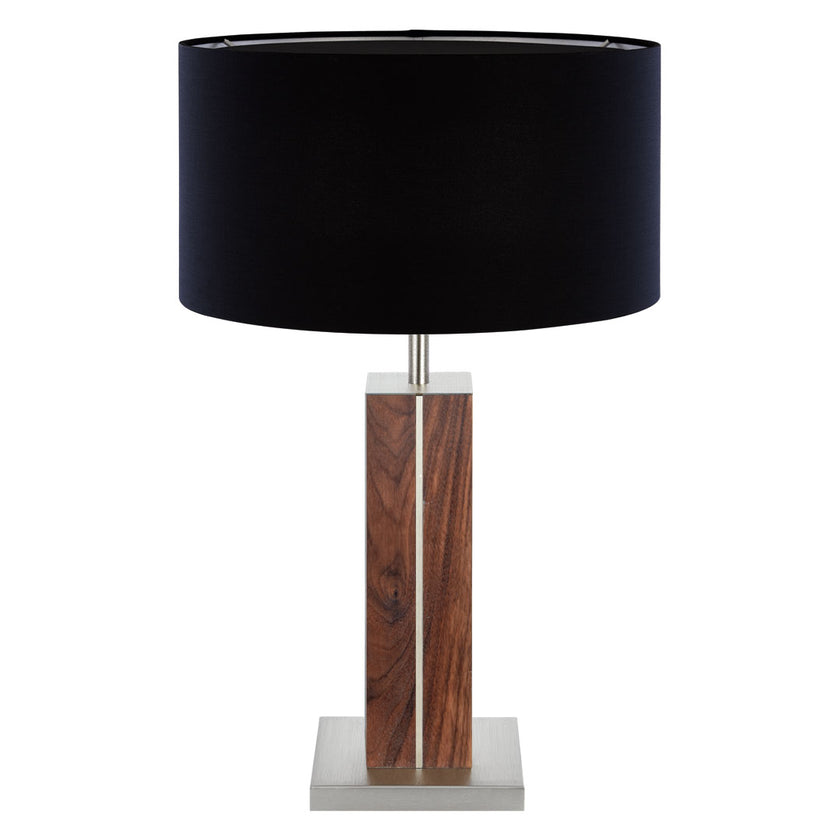 Hockerleuchte aus Nussbaum geölt, Modell Dana, Applikationen in Nickel, Lampenschirm schwarz