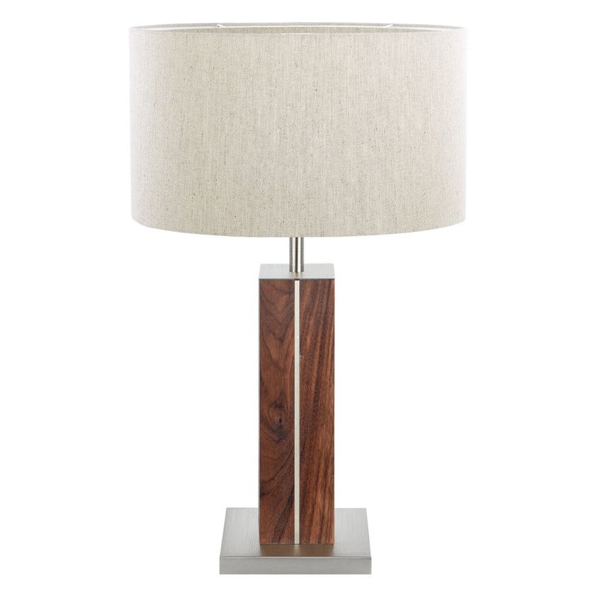 Hockerleuchte aus Nussbaum geölt, Modell Dana, Applikationen in Nickel, Lampenschirm in Leinenoptik