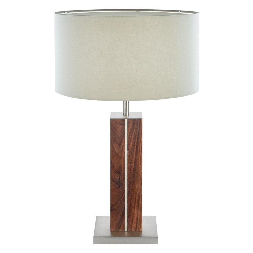 Hockerleuchte aus Nussbaum geölt, Modell Dana, Applikationen in Nickel, Lampenschirm silbergrau