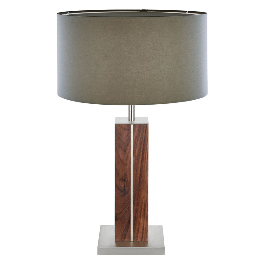 Hockerleuchte aus Nussbaum geölt, Modell Dana, Applikationen in Nickel, Lampenschirm taupe