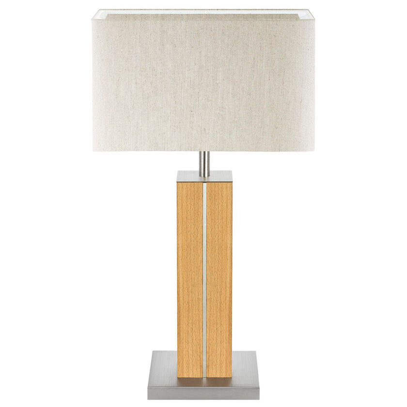 Hockerleuchte aus Buche, Modell Dana, Applikationen in Nickel, Lampenschirm eckig in Leinenoptik