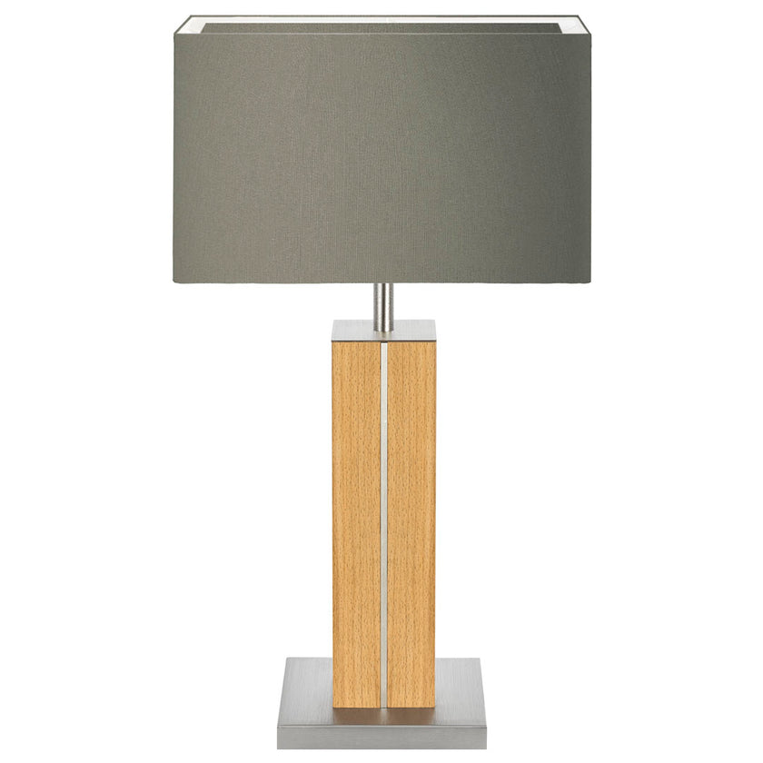 Hockerleuchte aus Buche, Modell Dana, Applikationen in Nickel, Lampenschirm eckig taupe