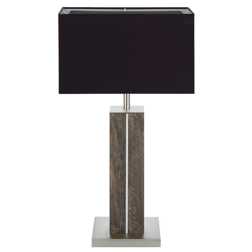 Hockerleuchte aus Asteiche Altholz, Modell Dana, Applikationen in Nickel, Lampenschirm eckig schwarz