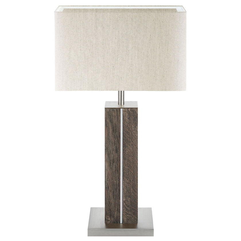 Hockerleuchte aus Asteiche Altholz, Modell Dana, Applikationen in Nickel, Lampenschirm eckig in Leinenoptik