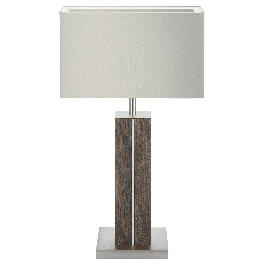 Hockerleuchte aus Asteiche Altholz, Modell Dana, Applikationen in Nickel, Lampenschirm eckig silbergrau