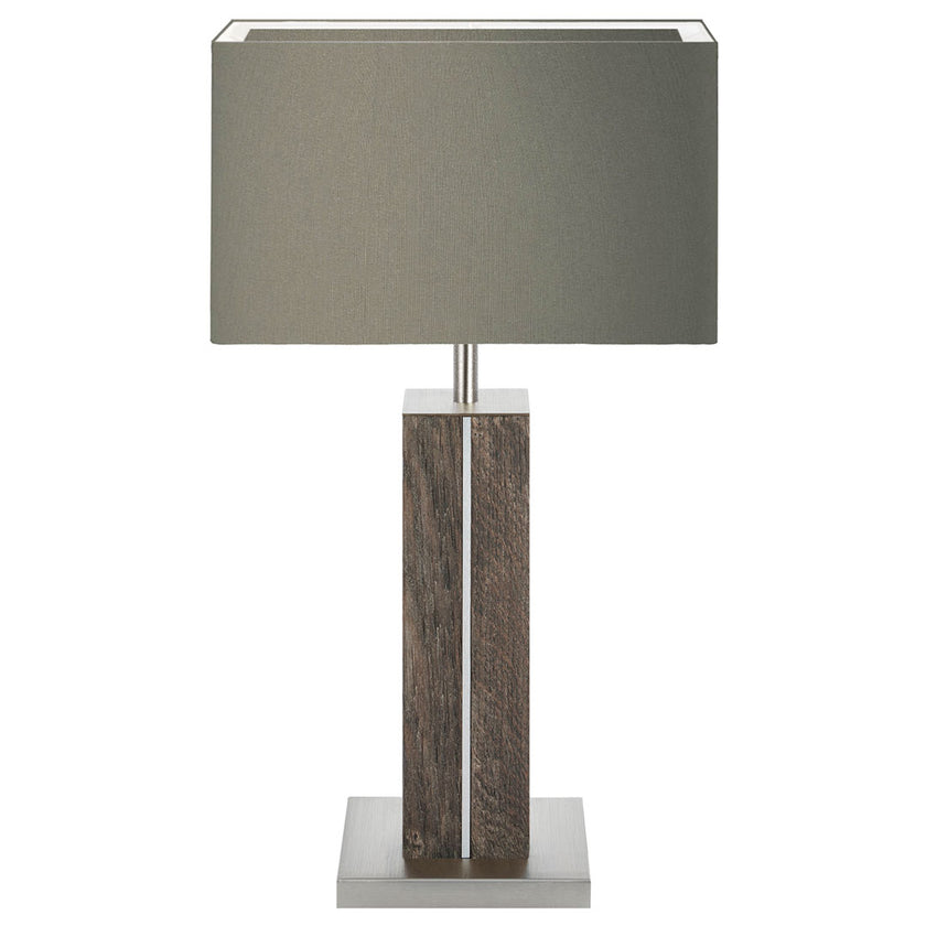 Hockerleuchte aus Asteiche Altholz, Modell Dana, Applikationen in Nickel, Lampenschirm eckig taupe