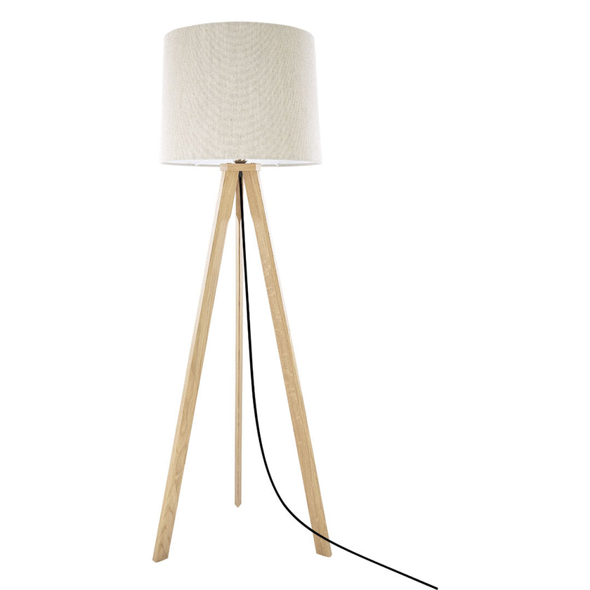 Dreibein Stehleuchte Asteiche Natur, Modell Tre, mit Lampenschirm in Leinenoptik, Kabel verläuft mittig zwischen den Beinen