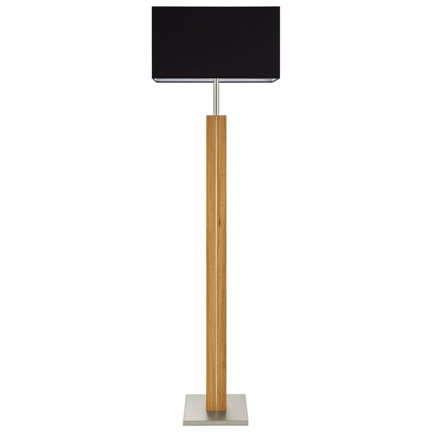 Stehleuchte aus Asteiche geölt, Modell Dana Q, eckiger Schirm schwarz, Nickel Applikationen, Frontalansicht 