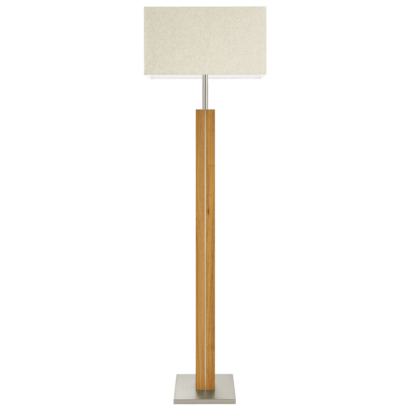 Stehleuchte aus Asteiche geölt, Modell Dana Q, eckiger Schirm Leinenoptik, Nickel Applikationen, Frontalansicht 