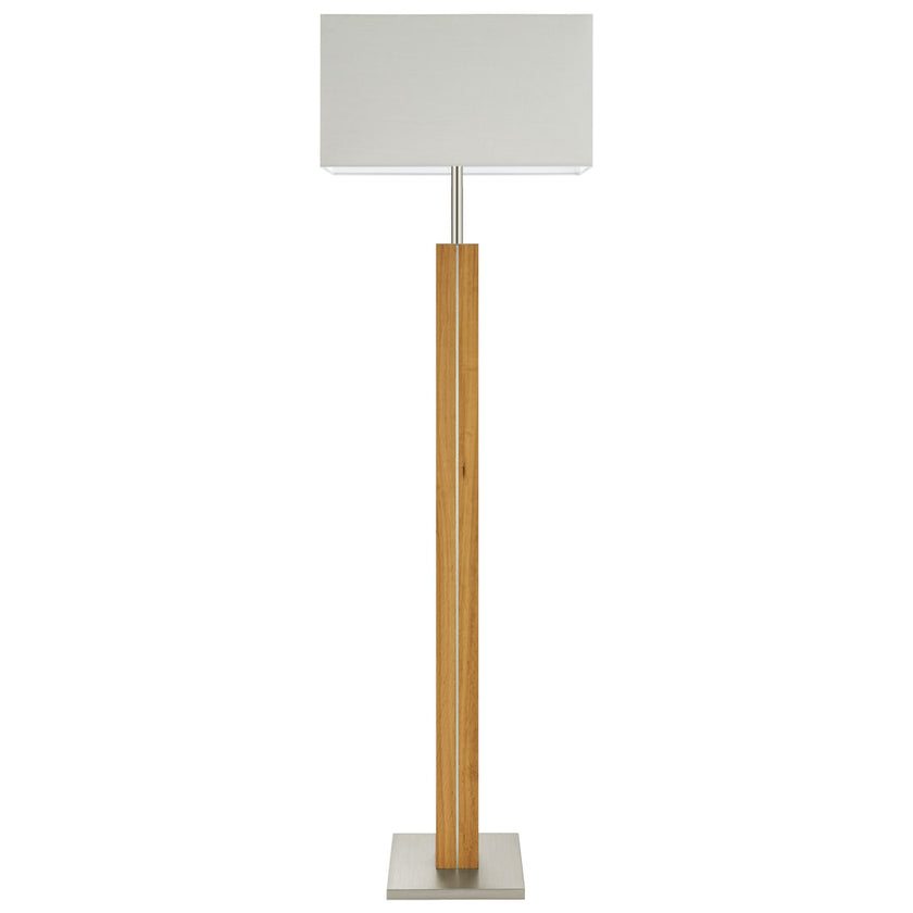 Stehleuchte aus Asteiche geölt, Modell Dana Q, eckiger Schirm silbergrau, Nickel Applikationen, Frontalansicht 