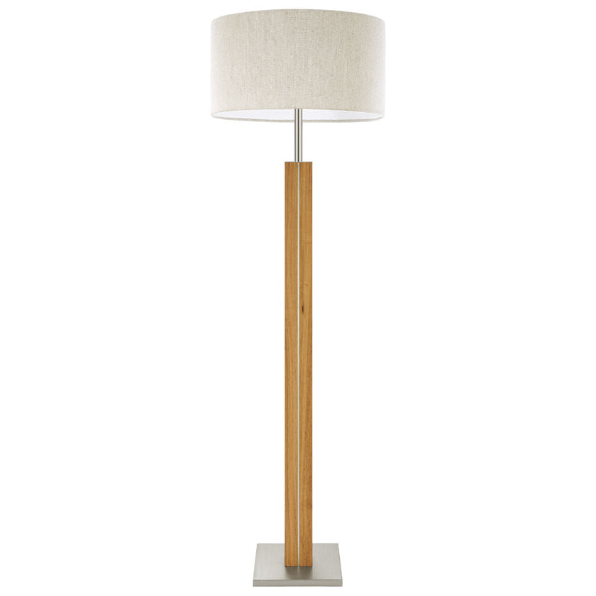 Stehleuchte aus Asteiche geölt, Modell Dana, Schirm Leinenoptik mit Abdeckung, Nickel Applikationen, Frontalansicht