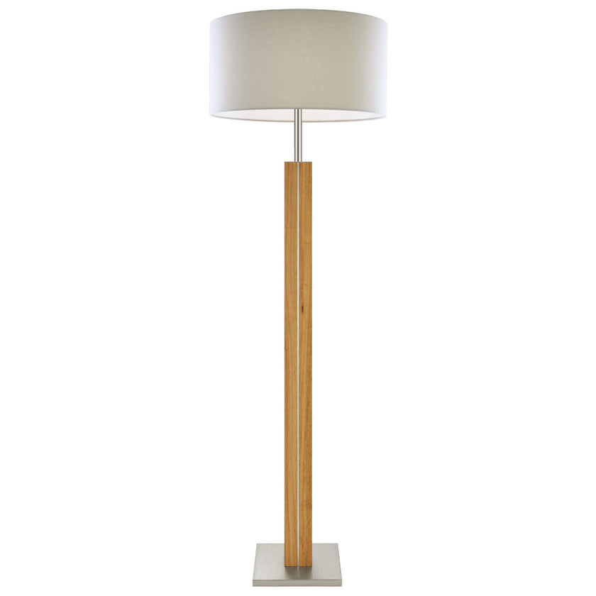 Stehleuchte aus Asteiche geölt, Modell Dana, Schirm silbergrau mit Abdeckung, Nickel Applikationen, Frontalansicht