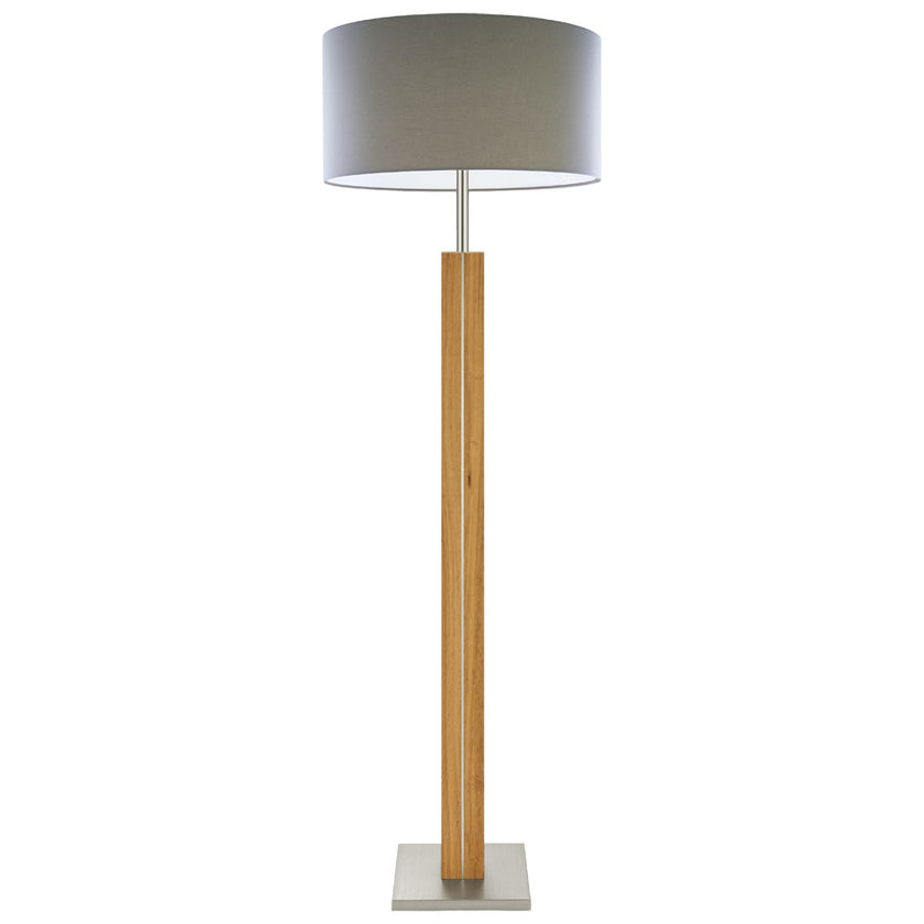 Stehleuchte aus Asteiche geölt, Modell Dana, Schirm Taupe mit Abdeckung, Nickel Applikationen, Frontalansicht