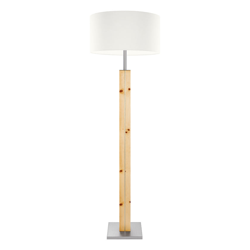 Stehleuchte aus Zirbenholz, Modell Dana, weißer Schirm, Nickel Applikationen, Frontalansicht 