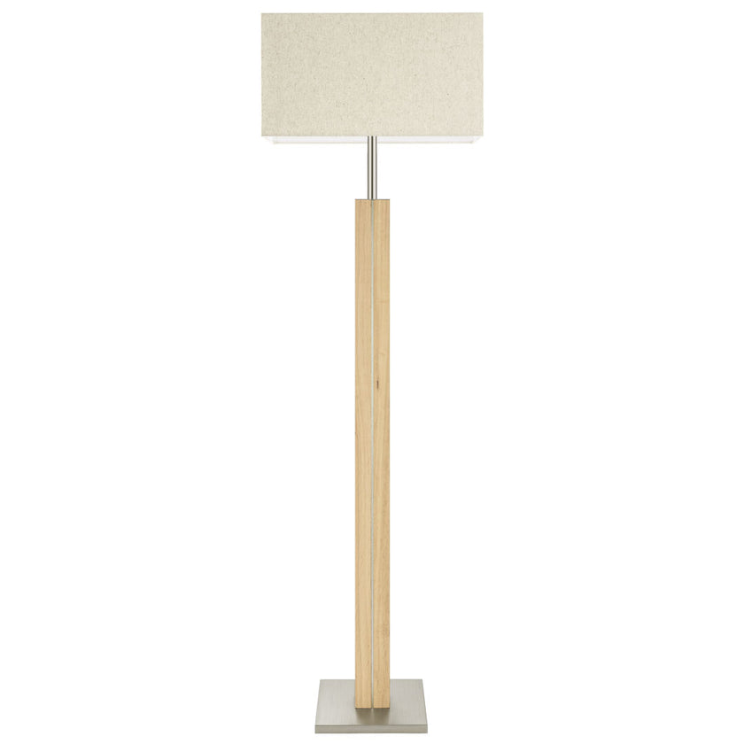 Stehleuchte aus Asteiche Natur, Modell Dana Q, eckiger Schirm Leinenoptik, Nickel Applikationen, Frontalansicht 