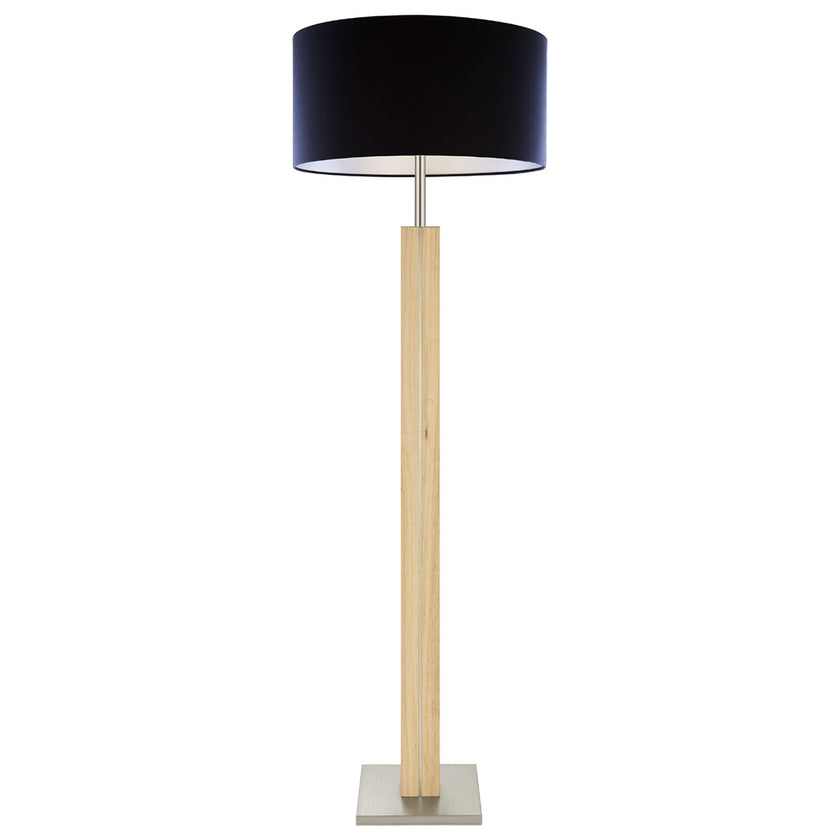 Stehleuchte aus Asteiche Natur, Modell Dana, Schirm schwarz mit Abdeckung, Nickel Applikationen, Frontalansicht
