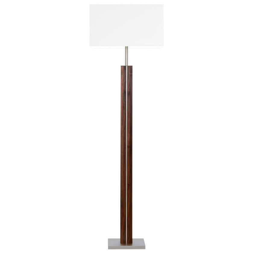 Stehleuchte aus Nussbaum geölt, Modell Dana Q, eckiger Schirm weiß, Nickel Applikationen, Frontalansicht 