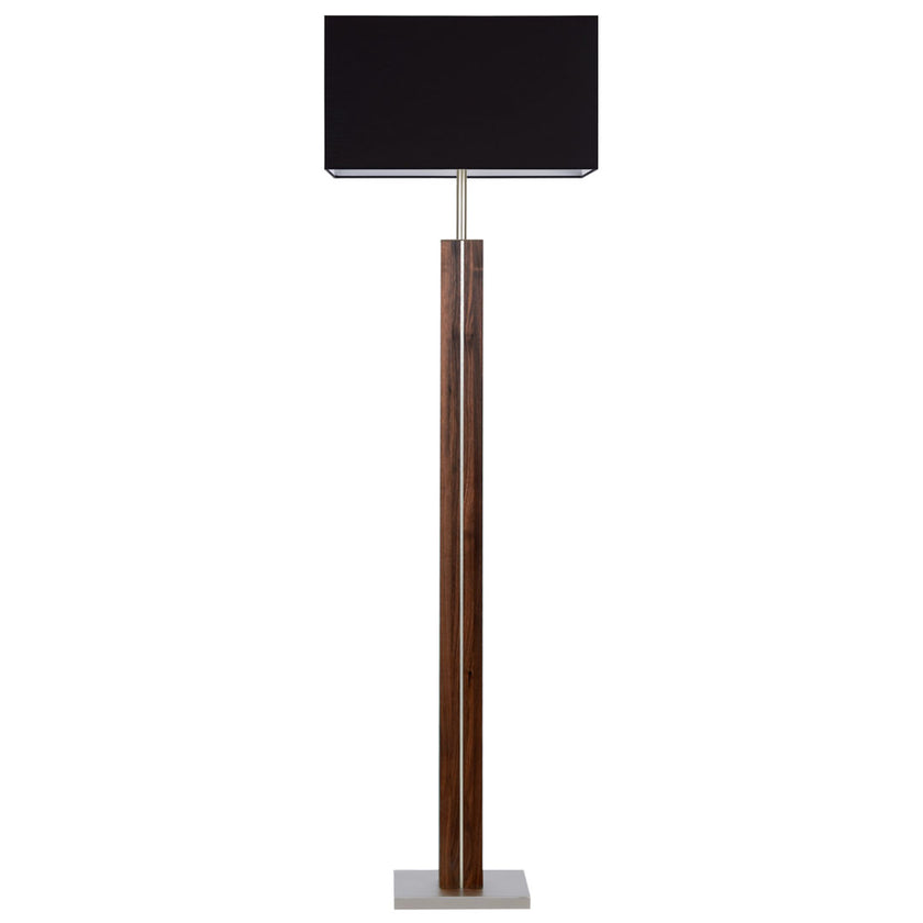 Stehleuchte aus Nussbaum geölt, Modell Dana Q, eckiger Schirm schwarz, Nickel Applikationen, Frontalansicht 