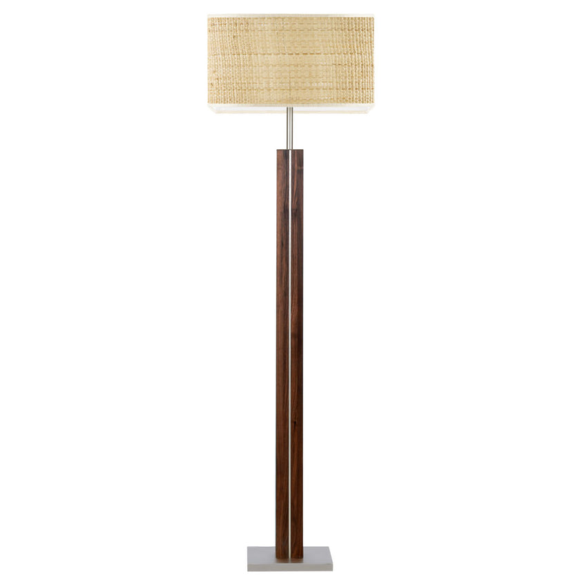 Stehleuchte aus Nussbaum geölt, Modell Dana Q, eckiger Schirm Bast, Nickel Applikationen, Frontalansicht 