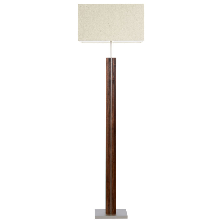 Stehleuchte aus Nussbaum geölt, Modell Dana Q, eckiger Schirm Leinenoptik, Nickel Applikationen, Frontalansicht 