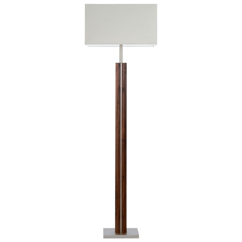 Stehleuchte aus Nussbaum geölt, Modell Dana Q, eckiger Schirm silbergrau, Nickel Applikationen, Frontalansicht 