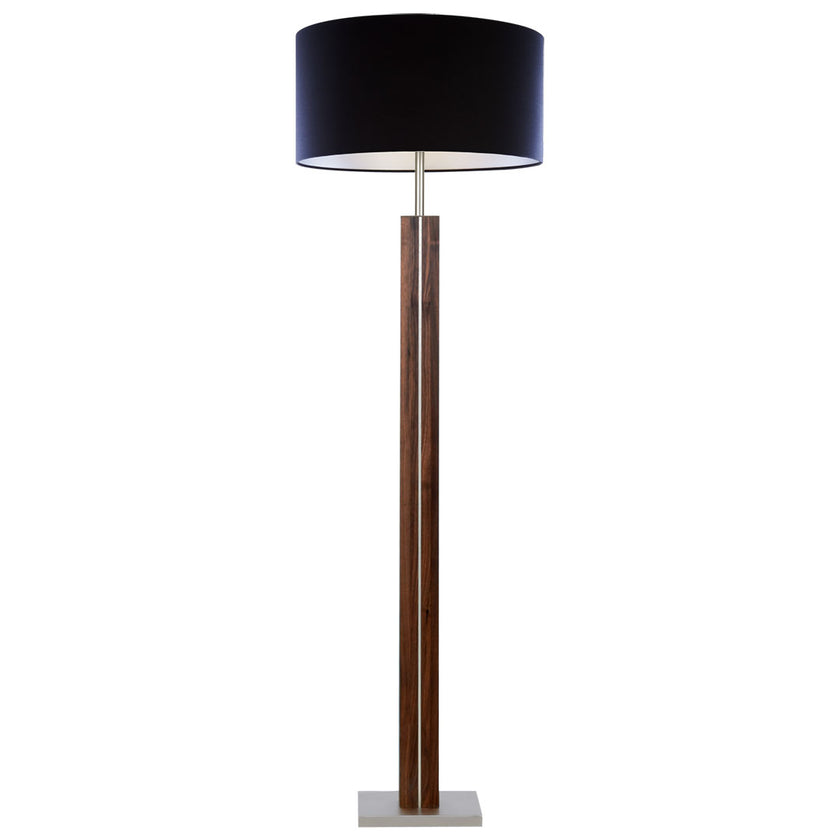 Stehleuchte aus Nussbaum geölt, Modell Dana, Schirm schwarz, Nickel Applikationen, Frontalansicht