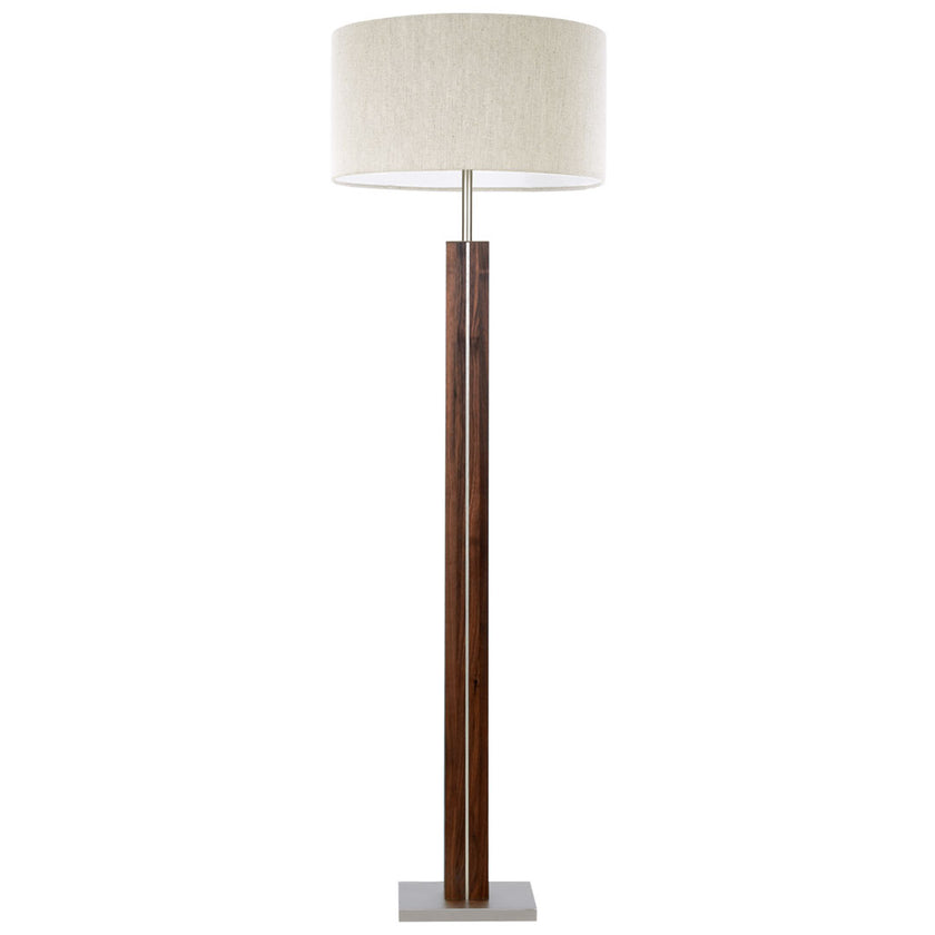 Stehleuchte aus Nussbaum geölt, Modell Dana, Schirm Leinenoptik mit Abdeckung, Nickel Applikationen, Frontalansicht