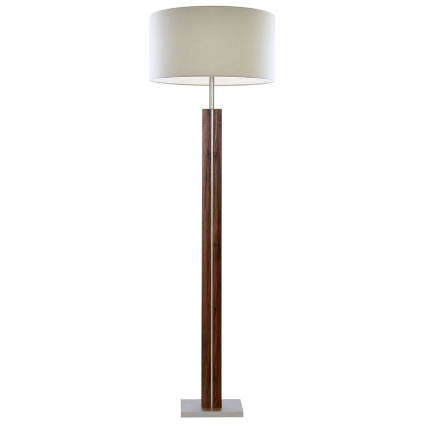 Stehleuchte aus Nussbaum geölt, Modell Dana, Schirm silbergrau mit Abdeckung, Nickel Applikationen, Frontalansicht