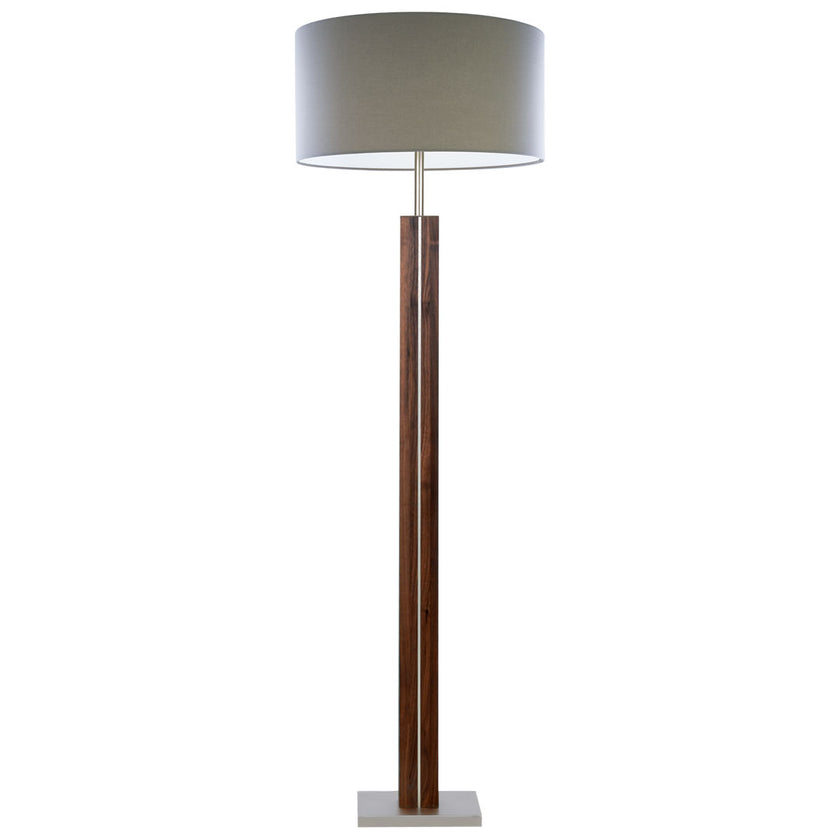 Stehleuchte aus Nussbaum geölt, Modell Dana, Schirm Taupe mit Abdeckung, Nickel Applikationen, Frontalansicht