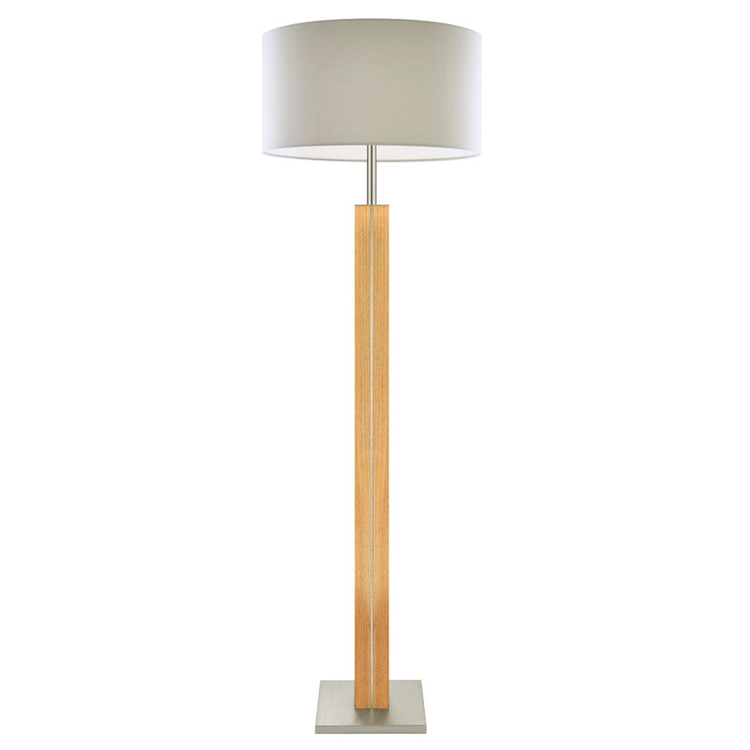 Stehleuchte aus Asteiche geölt, Modell Dana, Schirm silbergrau mit Abdeckung, Nickel Applikationen, Frontalansicht