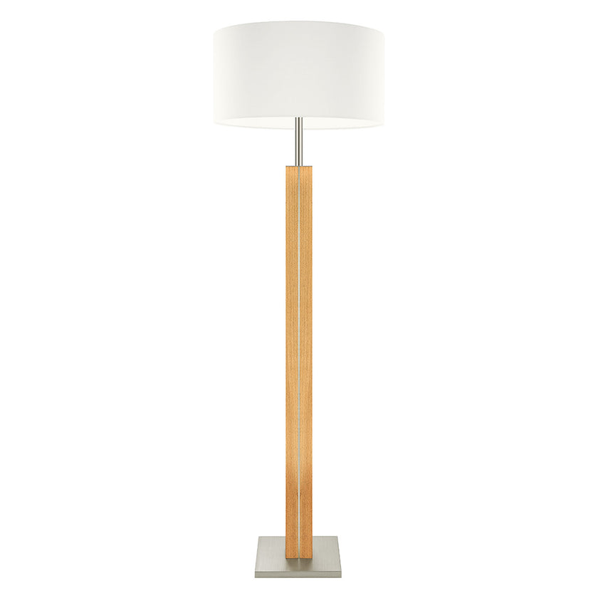 Stehleuchte aus Buchenholz geölt, Modell Dana, weißer Schirm, Nickel Applikationen, Frontalansicht 