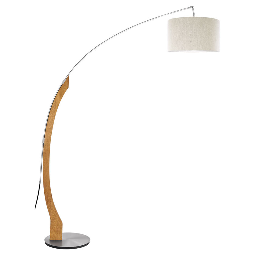 Bogenstehleuchte aus Asteiche geölt, Modell Amos, mit Leuchtenschirm in Leinenoptik , Metall Nicke gebürstet, Ansicht seitlich