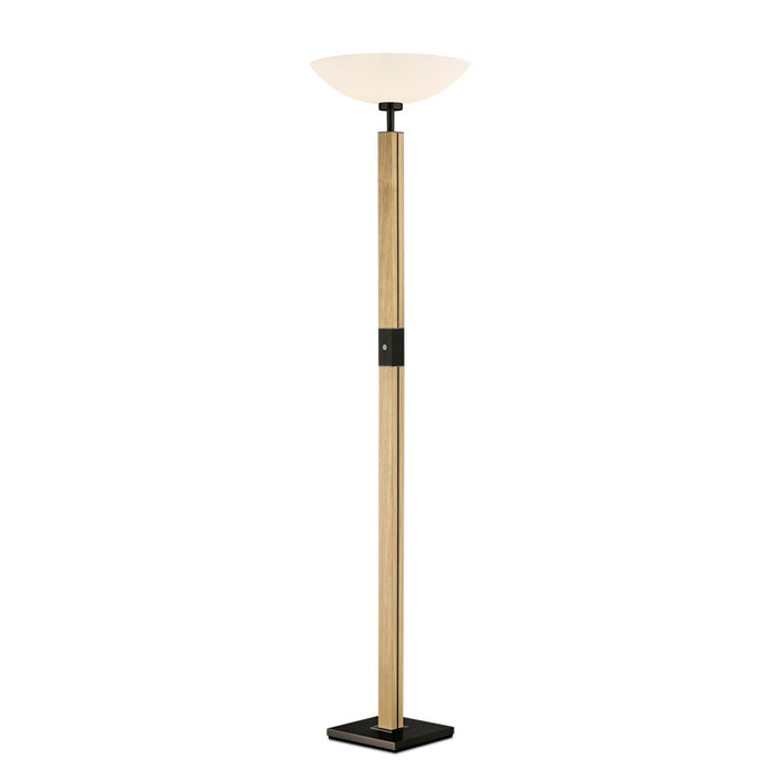 Stehleuchte, Fluter aus Asteiche Natur, Modell Dana, Optiwhite Glas nach oben offen, dimmbar, schwarze Applikationen, Seitenansicht
