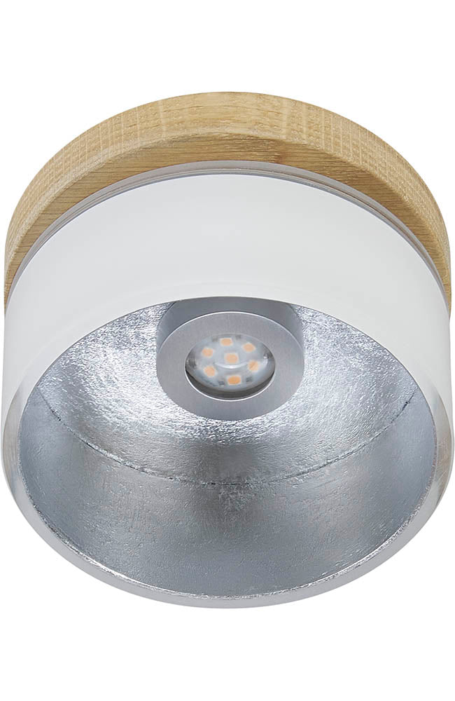 Pendelleuchte aus Asteiche Natur, Modell Estelle, Opalglas mit silberdetails, Ansicht von unten in Glas