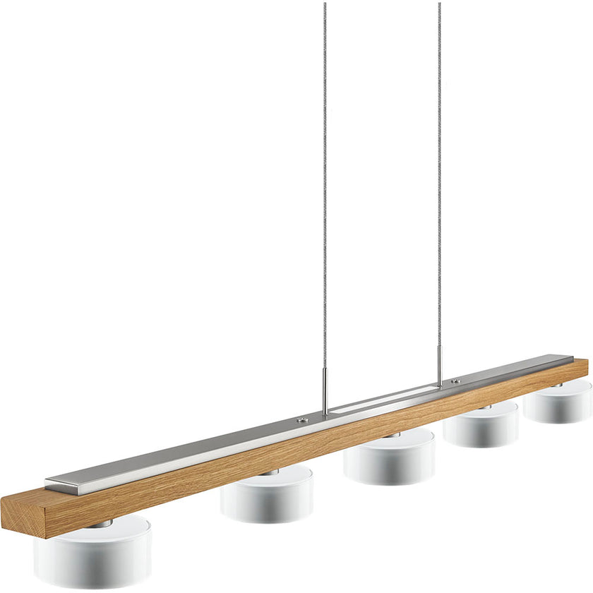 Balkenleuchte aus Asteiche geölt, Modell Estelle, 1300mm lang, 5 x Opalglas mit 12cm Durchmesser und 5cm Höhe, Nickel Applikationen, Ober- & Unterlicht, Dimm-to-warm-Funktion, Seitenansicht