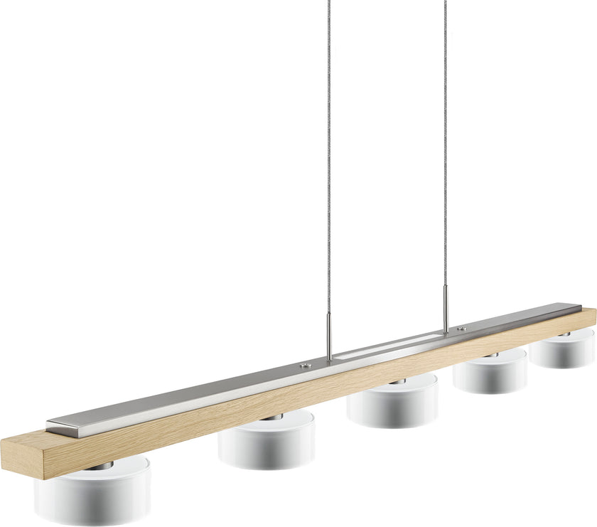 Balkenleuchte aus Asteiche Natur, Modell Estelle, 1300mm lang, 5 x Opalglas mit 12cm Durchmesser und 5cm Höhe, Nickel Applikationen, Ober- & Unterlicht, Dimm-to-warm-Funktion, Seitenansicht